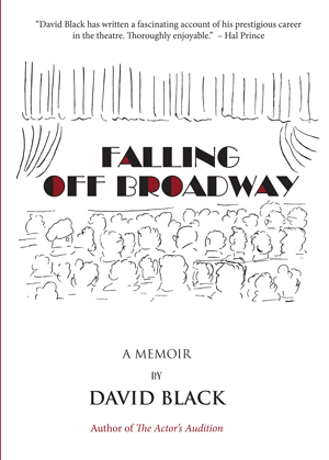 Book cover for "Falling Off Broadway"; a sketch of an audience in a theatre.